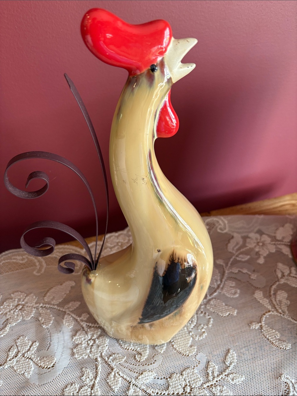 Ceramic Rooster Figurine in Cream and Red